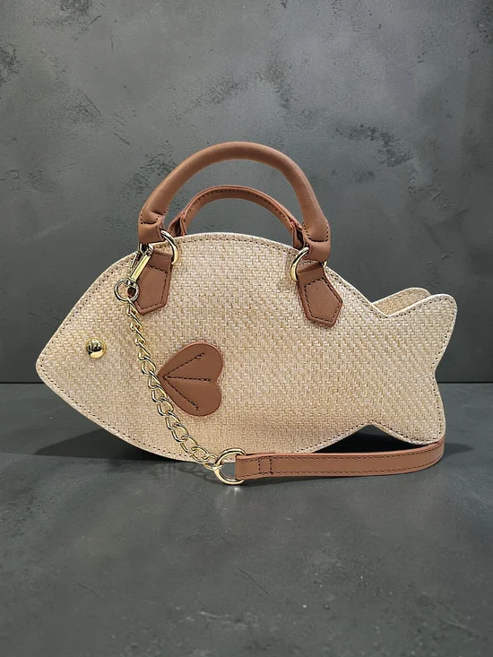Betsey Johnson Beige  Fish-Shaped Crossbody Bag Wicker with Brown Trim - Picture 3 of 10